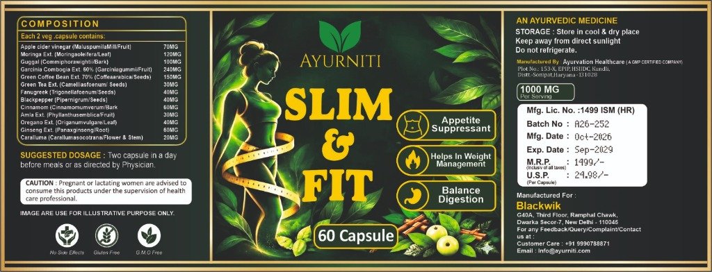 Official physical packaging label of Ayurniti Slim & Fit with batch and license